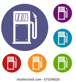 Gasoline pump icons set in flat circle reb, blue and green color for web