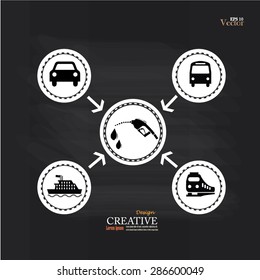 Gasoline pump nozzle with car,bus ,train and ship on chalkboard.Gas station icon. Flat design style.vector illustration.