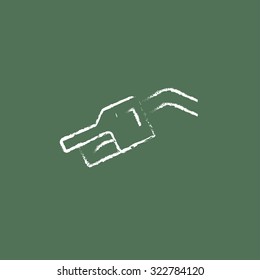 Gasoline pump nozzle hand drawn in chalk on a blackboard vector white icon isolated on a green background.