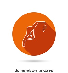 Gasoline pump nozzle icon. Gas or Petrol station sign. Round orange web button with shadow.