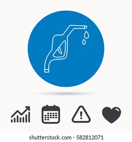 Gasoline pump nozzle icon. Gas or Petrol station sign. Calendar, attention sign and growth chart. Button with web icon. Vector