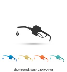 Gasoline pump nozzle icon isolated on white background. Fuel pump petrol station. Refuel service sign. Gas station icon. Set elements in color icons. Vector Illustration