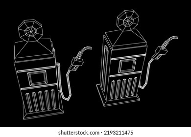 Gasoline pump station retro design. Wireframe low poly mesh vector illustration