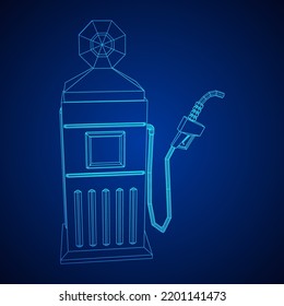 Gasoline pump station retro design. Wireframe low poly mesh vector illustration