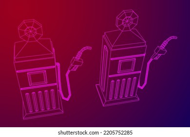 Gasoline pump station retro design. Wireframe low poly mesh vector illustration
