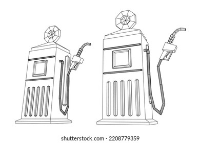 Gasoline pump station retro design. Wireframe low poly mesh vector illustration