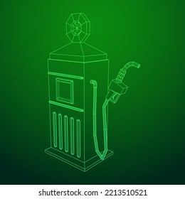 Gasoline pump station retro design. Wireframe low poly mesh vector illustration