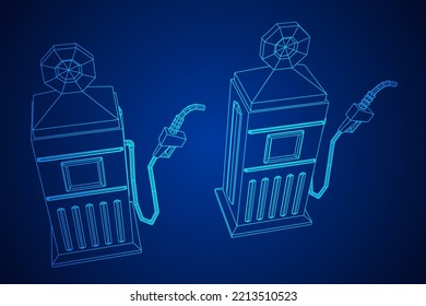 Gasoline pump station retro design. Wireframe low poly mesh vector illustration