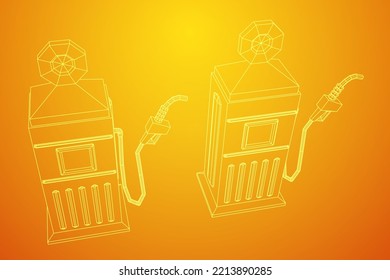 Gasoline pump station retro design. Wireframe low poly mesh vector illustration