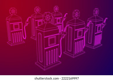 Gasoline pump station retro design. Wireframe low poly mesh vector illustration