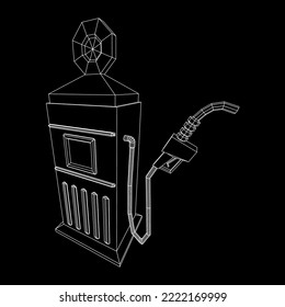 Gasoline pump station retro design. Wireframe low poly mesh vector illustration