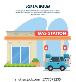 Gasoline pump station with store and blue car design, Energy fuel technology power industrial production and petroleum theme Vector illustration