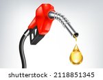 Gasoline red fuel pump nozzle isolated with drop oil on white background, oil industry and refuel service concept, vector illustration