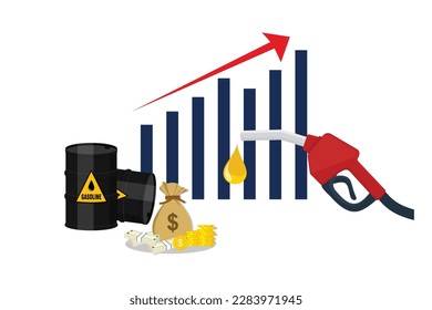 Gasoline red fuel pump nozzle rising oil price concept isolated against uphill growth bar chart background, flat style vector design