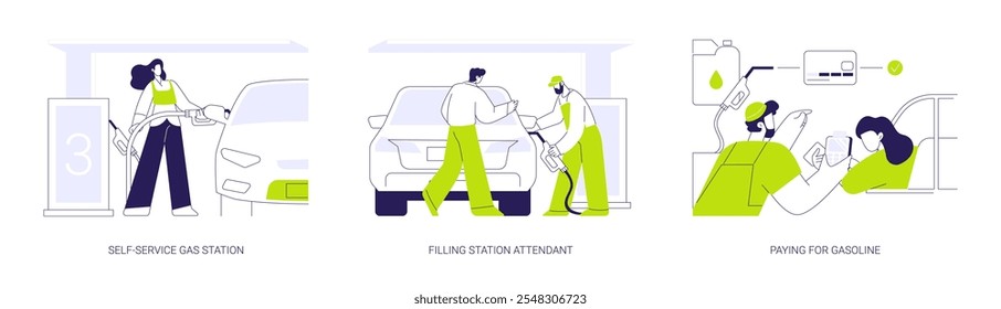 Estação de gasolina conceito abstrato vetor ilustração conjunto. Posto de gasolina self-service, jóquei de gás, pagando por combustível com cartão de crédito, diesel e benzina, reabastecimento de carro metáfora abstrata.