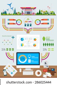 gasoline station infographics with ecology factory, business graphics and technology icons in really life