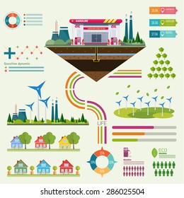 gasoline station infographics with ecology factory, business graphics and technology icons in really life