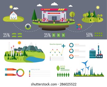 gasoline station infographics with ecology factory, business graphics and technology icons in really life