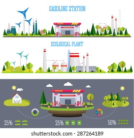 gasoline station infographics with ecology factory, business graphics and technology icons in really life