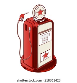 Gasoline station pump isolated on a white background. Color line art. Retro design. Vector illustration.