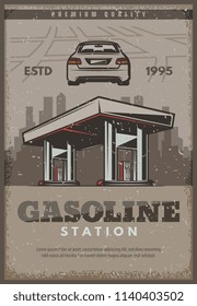 Gasoline station retro poster or car service vintage design for automobile shop or mechanic repair center. Vector gas fuel station for car diagnostics, spare parts store and garage