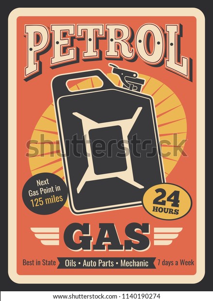 Gasoline station retro poster of gas canister or\
gasoline jerrycan. Vector vintage design for car service,\
automobile shop or mechanic repair and oil change garage center or\
auto spare parts shop