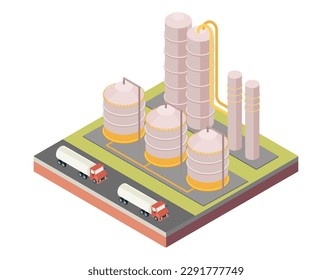 Gasoline storage isometric. Station for production of electricity and energy. Large tanks next to trucks. fuel and oil. Template, layout and mock up. Cartoon vector illustration