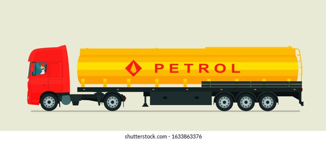Gasoline tanker with driver isolated. Vector flat style illustration.