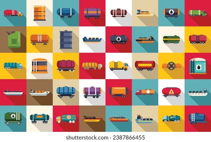 Gasoline tanker icons set flat vector. Oil ship fuel. Cargo industry