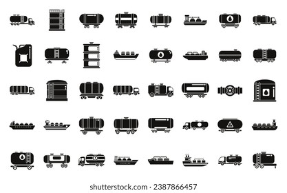 Gasoline tanker icons set simple vector. Oil ship fuel. Cargo industry