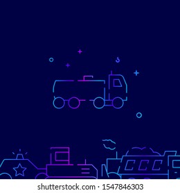 Gasoline tanker truck vector gradient line icon, illustration, symbol or pictogram, sign. Dark blue background. Related bottom border.