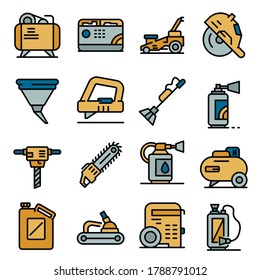 Gasoline tools icons set. Outline set of gasoline tools vector icons thin line color flat on white