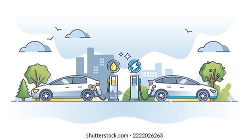 Gasoline vs electric car with different energy sources usage outline concept. Fossil fuel and oil versus battery charged automobile as ecological choice for environmental future vector illustration.