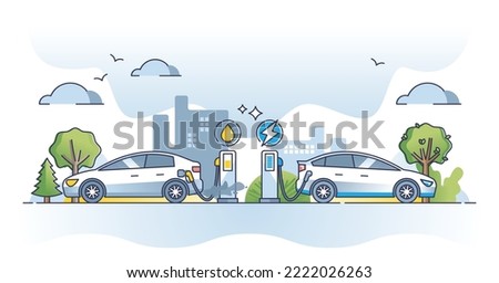 Gasoline vs electric car with different energy sources usage outline concept. Fossil fuel and oil versus battery charged automobile as ecological choice for environmental future vector illustration.