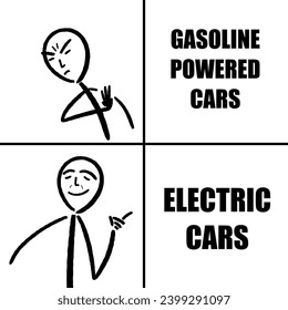 Gasoline vs electric cars meme. Funny meme for social media sharing.