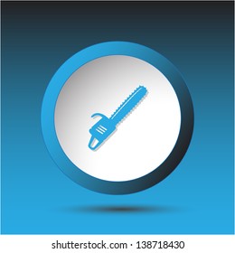 Gasoline-powered saw. Plastic button. Vector illustration.