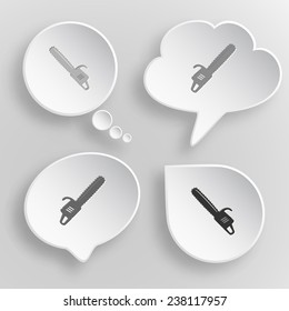 Gasoline-powered saw. White flat vector buttons on gray background.