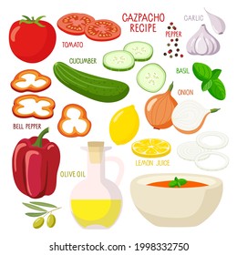 Gaspacho Product Kit. Bowl, tomato soup products. Culinary course poster concept. Dish of Spanish cuisine, Mediterranean diet. Vegetables for recipe poster for restaurant menu or cooking recipe