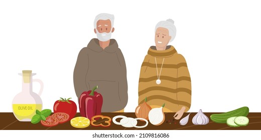 Gaspacho Product Kit. Senior woman and man and ingredients for recipe on table. Dish of Spanish cuisine, Mediterranean diet. Active Healthy lifestyle in old age. Culinary course poster concept.