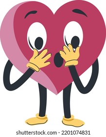 Gasping surprised heart character with shocked facial expression. Isolated personage upset or aghasted, intrigued emotion. Appalling or horryfying. Sticker or emoji, emoticon. Vector in flat style