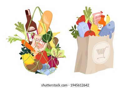 Gastranomic flat illustration. Purchased food in a net and paper bag. Various vegetables and fruits gathered together. Eco healthy food concept.