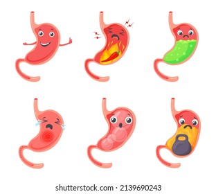 Gastric Bloating. Cartoon Stomach Problem, Esophageal Abdomen Ache Ulcer Indigestion Diarrhea Heartburn Medical Concept Child Tummy, Healthy Belly Symbol Vector Illustration. Stomach Acid Problem