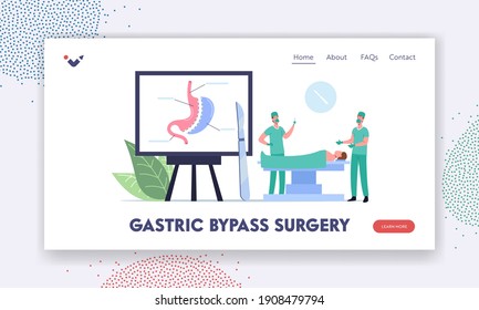 Gastric Bypass Surgery Procedure Landing Page Template. Surgeon Characters Make Operation Bariatric Surgery Stomach Reduction to Patient Lying in Operating Room. Cartoon People Vector Illustration