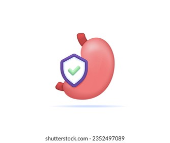 gastric protection from disease, germs, bacteria, and viruses. internal health. digestive organs. stomach organs with shields. icon or symbol. Minimalist 3d design concept. vector elements. white