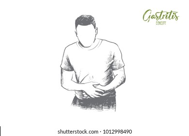 Gastritis concept. Hand drawn man suffering stomach ache. Concept of healthcare and medicine isolated vector illustration.