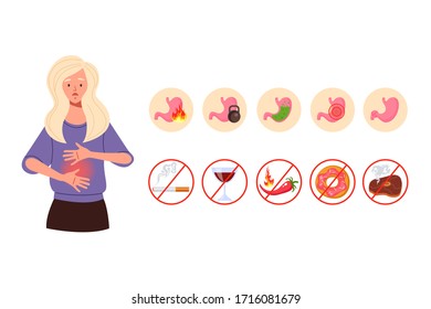 Concepto de síntomas de gastritis. Ilustración de diseño gráfico plano vectorial
