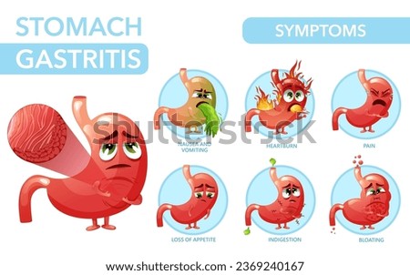 Gastritis symptoms nausea and vomiting, bloating, pain, loss of appetite, indigestion, heartburn. Infographic with cartoon stomach characters. Vector anatomical illustration
