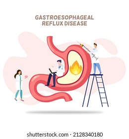 Gastro Esophageal Reflux Disease, Concept, Group Of Doctors Check At Human Gastro, Lady Doctor Holding Medicine Explaining, A Doctor Use Laptop, Standing Hold Syringe Injection ,fire In Stomach 