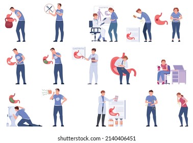 Gastro Gastritis Flat Set With Isolated Icons Of People Suffering From Intestinal Diseases With Stomach Images Vector Illustration