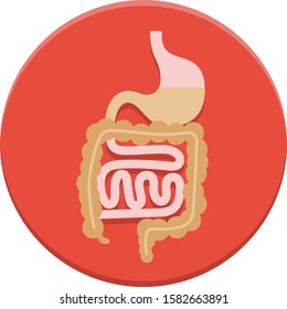 Gastro Intestinal Icon In Flat Design Style Depicting The Digestive System Including The Stomach Sack, Small Intestine And Large Intestine.